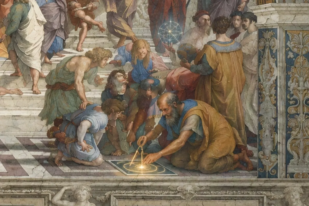 Euclid drawing with a glowing compass while students lean in to watch, from PixelPrep's School of Athens artwork